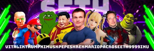 VitalikTrumpXiMuskPepeShrekMarioPacRoseETH9999Inu Token Header