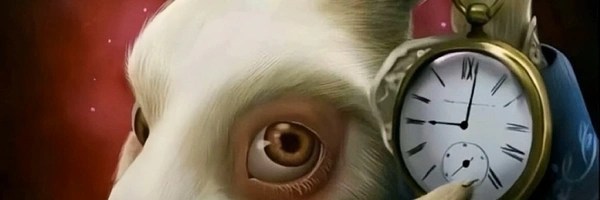 White Rabbit Pointing at a Clock Token Header